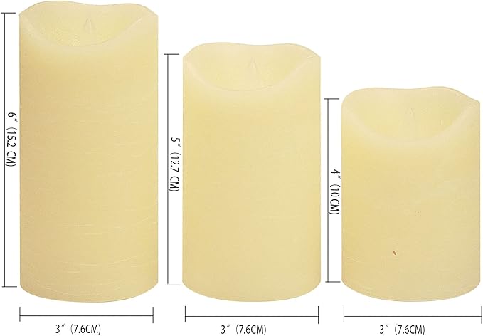 Battery Operated Flameless Candles with Timer Real Wax Realistic Flickering Electric LED Pillars Automatic Built-in Daily Cycle Timer 6-Hour on 18-Hour Off Set of 3 Rustic Texture Ivory