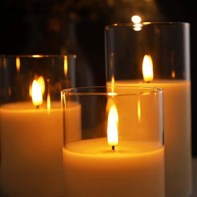 Clear Glass Flameless Candles with Remote Timer, Flickering Battery LED Pillar Candles Set of 3