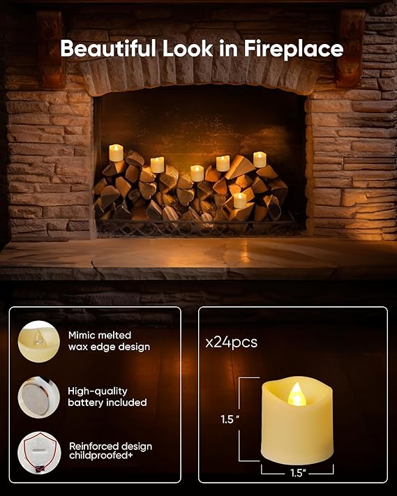 24Pack Flameless Votive Candles, 200+Hour Long Lasting Electric Fake Candles, Battery Operated Tealights in Warm White for Christmas, Wedding Decor (Ivory Base, Batteries Included)