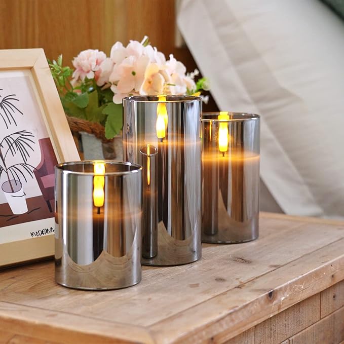 Grey Glass Flameless Candles, Battery Operated LED Pillar Candles with Remote Control and Timer, Radiance Candles, Real Wax, Set of 3,D3 xH4 5" 6"