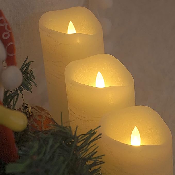 Battery Operated Flameless Candles with Timer Real Wax Realistic Flickering Electric LED Pillars Automatic Built-in Daily Cycle Timer 6-Hour on 18-Hour Off Set of 3 Rustic Texture Ivory