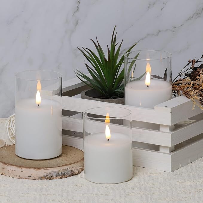 Clear Glass Flameless Candles with Remote Timer, Flickering Battery LED Pillar Candles Set of 3