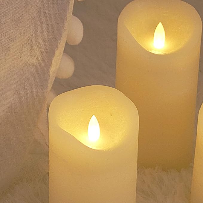 Battery Operated Flameless Candles with Timer Real Wax Realistic Flickering Electric LED Pillars Automatic Built-in Daily Cycle Timer 6-Hour on 18-Hour Off Set of 3 Rustic Texture Ivory
