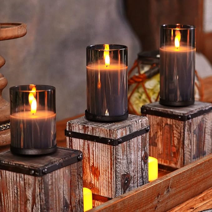 Grey Glass Flameless Candles, Battery Operated LED Pillar Candles with Remote Control and Timer, Radiance Candles, Real Wax, Set of 3,D3 xH4 5" 6"