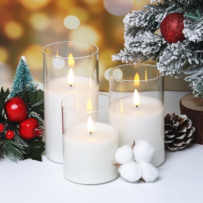 Clear Glass Flameless Candles with Remote Timer, Flickering Battery LED Pillar Candles Set of 3