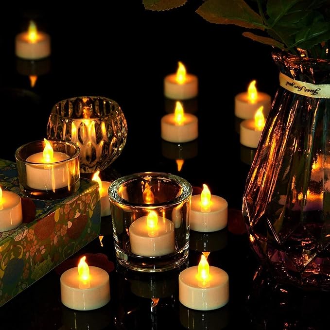 Battery Operated Flameless Tea Lights : 24PACK LED Electric Candles Lamp Realistic and Bright Flickering Holiday Gift Long Lasting for Birthday Wedding Party Celebrations Decoration Warm Yellow