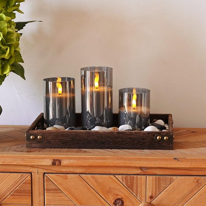 Grey Glass Flameless Candles, Battery Operated LED Pillar Candles with Remote Control and Timer, Radiance Candles, Real Wax, Set of 3,D3 xH4 5" 6"