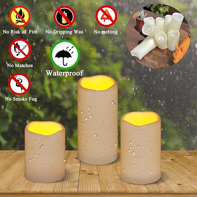 Flameless Candles 4" 5" 6" Set of 3 Ivory Outdoor Indoor Pillars 3" Diameter Battery Operated Flickering Candles Include 10-Key Remote Timer Function 400+ Hours Requires 2 AA Batteries