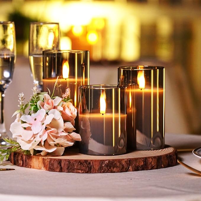 Grey Glass Flameless Candles, Battery Operated LED Pillar Candles with Remote Control and Timer, Radiance Candles, Real Wax, Set of 3,D3 xH4 5" 6"