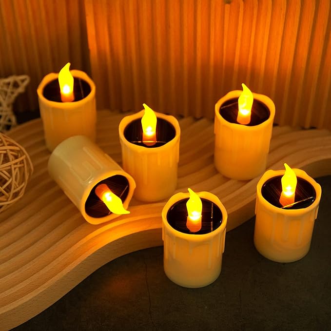 Solar Candles Lights, Warm Yellow Flashing Light, Solar Charging Tea Wax Light, 6 fire Wax Lights, Suitable for Weddings, Valentine's Day, Halloween, Christmas, Garden Decoration, etc.