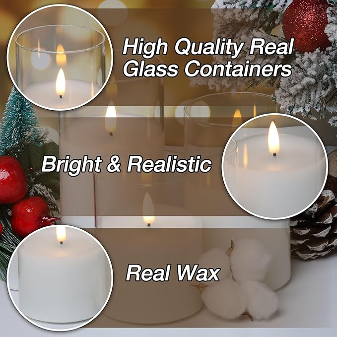 Clear Glass Flameless Candles with Remote Timer, Flickering Battery LED Pillar Candles Set of 3