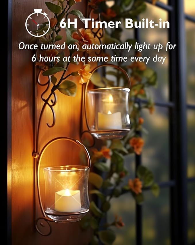 Timer Tea Lights Candles Battery Operated, 6H Timer Built-in, Auto On Daily, Flameless LED Tealight Votives for Table Centerpieces, Lantern, Holiday Decor, Warm Lamp, No Remote, 24-Pack