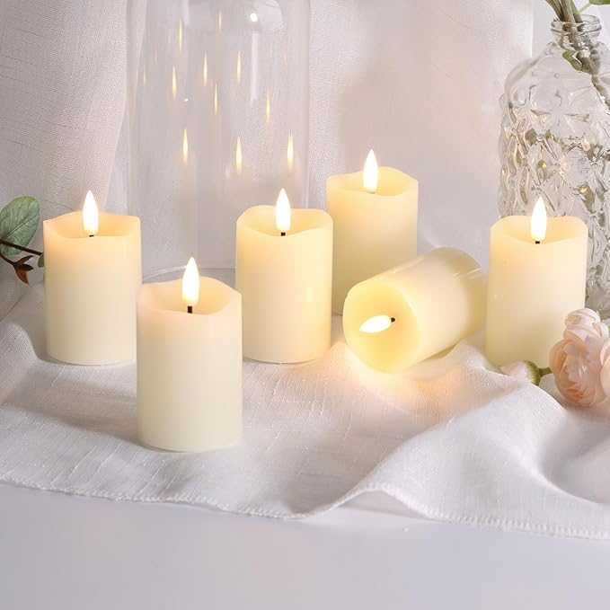 Timer Flameless Votive Candles 2 inch x 3 inch , Flickering Small LED Pillar Candles Batteries Included, Ivory Christmas Home Decor 6 Pack with 5 hours timer