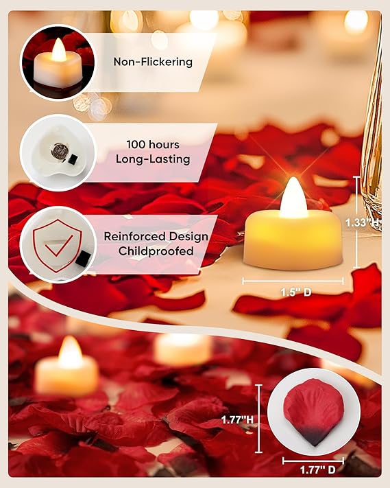 2000 Pieces Artificial Rose Petals with 24 Heart LED Tea Lights Candles Kit, Rose Petals and Candles Set for Proposal, Anniversary, Special Romantic Night, Wedding Table Decor, Birthday
