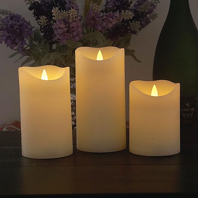 Battery Operated Flameless Candles with Timer Real Wax Realistic Flickering Electric LED Pillars Automatic Built-in Daily Cycle Timer 6-Hour on 18-Hour Off Set of 3 Rustic Texture Ivory