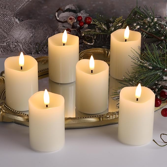 Timer Flameless Votive Candles 2 inch x 3 inch , Flickering Small LED Pillar Candles Batteries Included, Ivory Christmas Home Decor 6 Pack with 5 hours timer