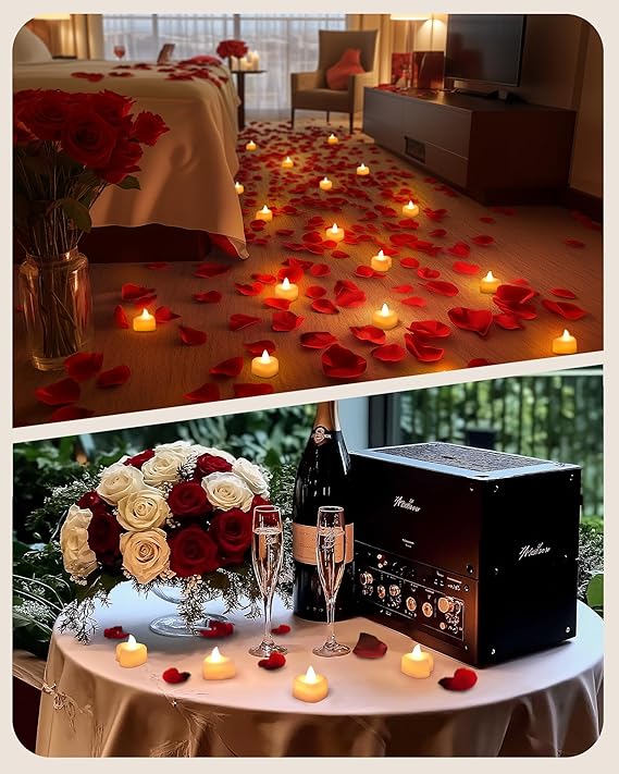 2000 Pieces Artificial Rose Petals with 24 Heart LED Tea Lights Candles Kit, Rose Petals and Candles Set for Proposal, Anniversary, Special Romantic Night, Wedding Table Decor, Birthday