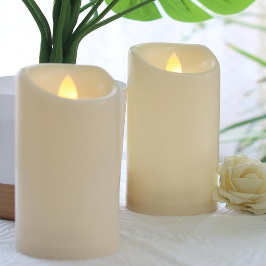 Outdoor Indoor Waterproof Flameless LED Pillar Candles with Timer Battery Operated Electric Plastic Candle Lights for Home Garden Halloween Christmas Wedding Decorations Party Supplies 3”x5” 2 Pack
