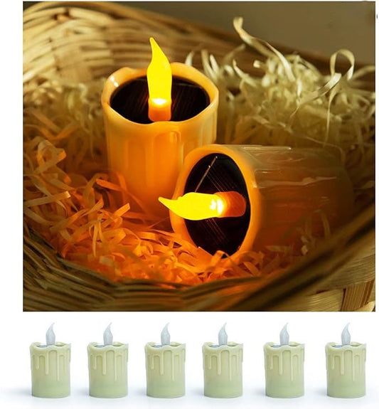Solar Candles Lights, Warm Yellow Flashing Light, Solar Charging Tea Wax Light, 6 fire Wax Lights, Suitable for Weddings, Valentine's Day, Halloween, Christmas, Garden Decoration, etc.